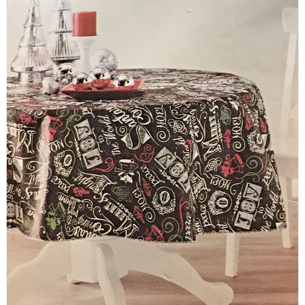 NEW Holiday Time Black Christmas Tablecloth Flannel Back Vinyl 70 inch Round